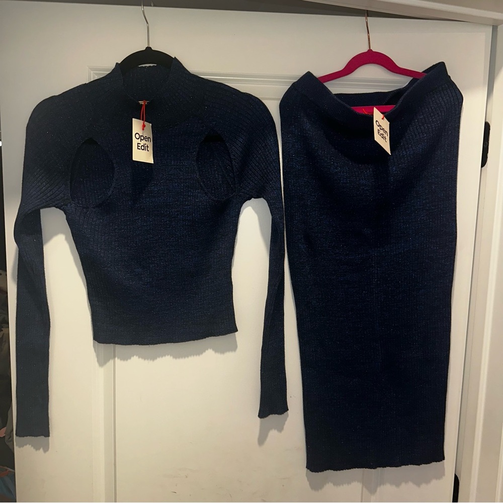 Open Edit Women's Off-the-Shoulder Navy Sweater Set